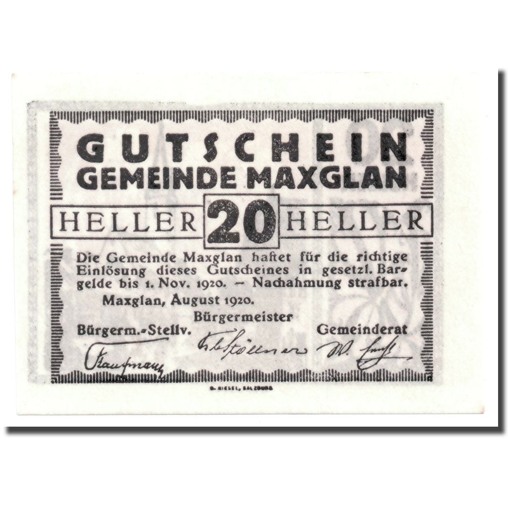 Geldschein, Österreich, Maxglan, 20 Heller, Eglise, 1920, KM:602a, UNZ-