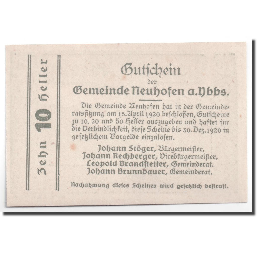 Geldschein, Österreich, Neuhofen, 10 Heller, paysage, 1920, 1920-04-15, UNZ-