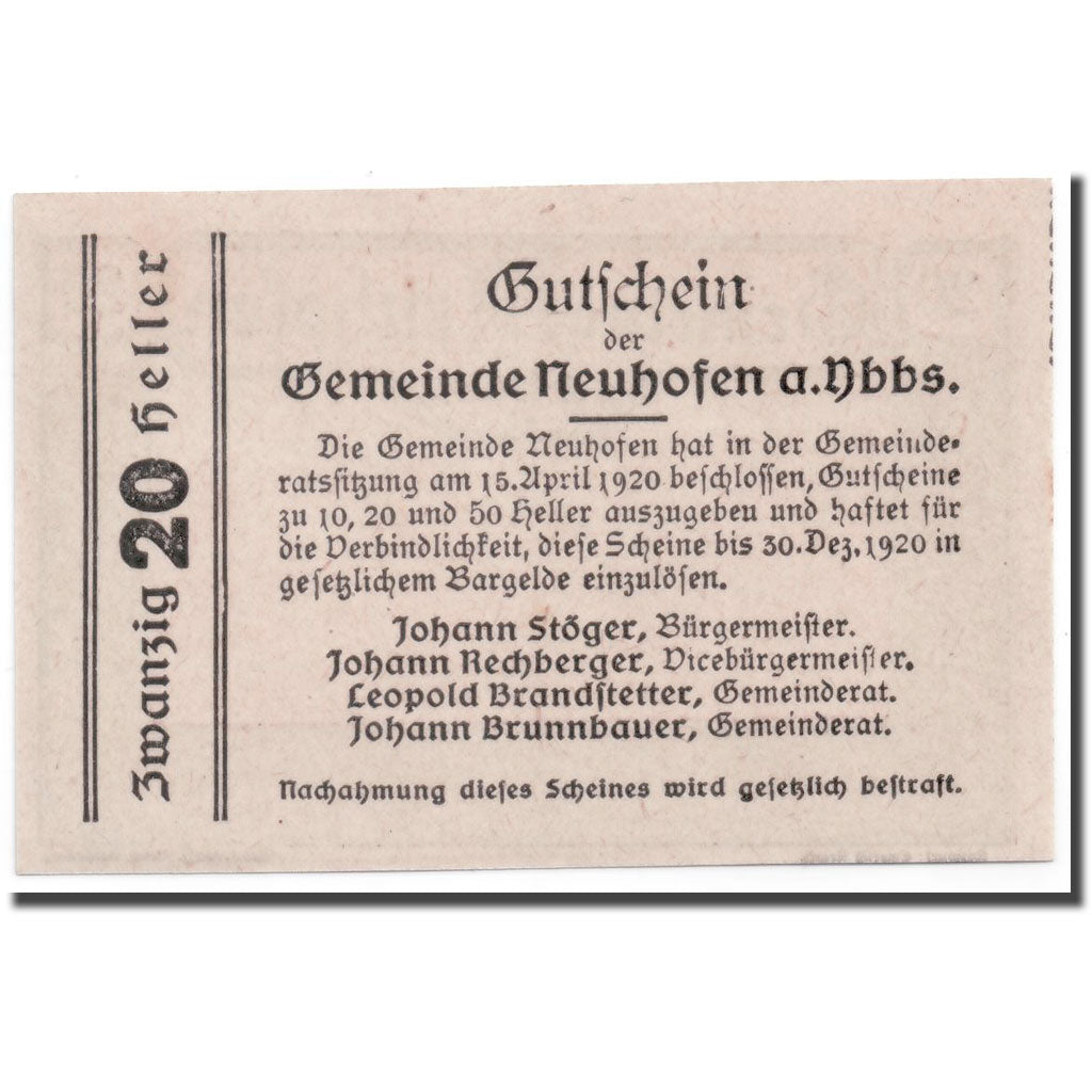 Geldschein, Österreich, Neuhofen, 20 Heller, paysage, 1920, 1920-04-15, UNZ-