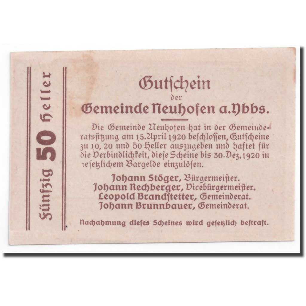 Geldschein, Österreich, Neuhofen, 50 Heller, paysage, 1920, 1920-04-15, UNZ-