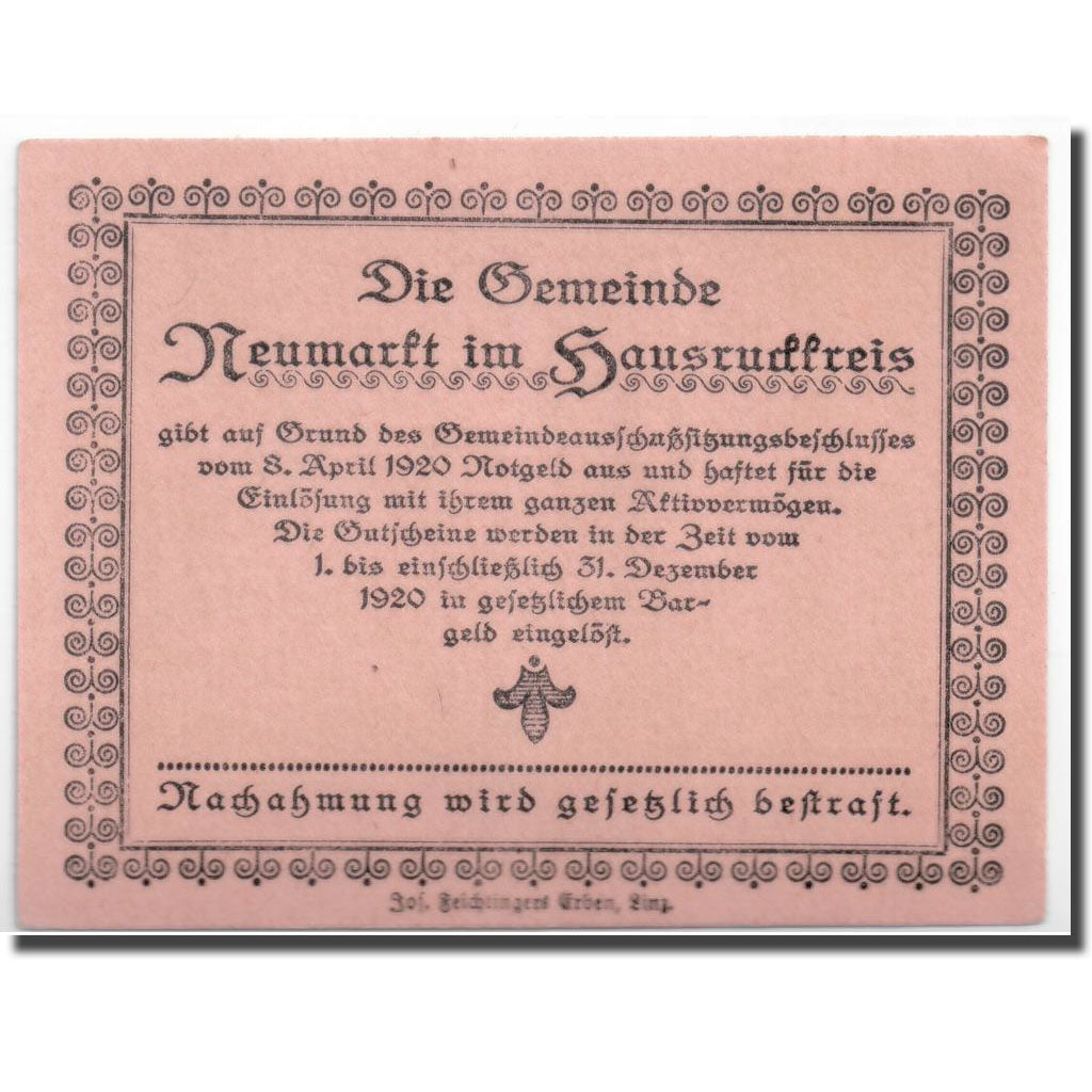 Geldschein, Österreich, Neumarkt, 10 Heller, paysage, 1920, 1920-04-08, UNZ-