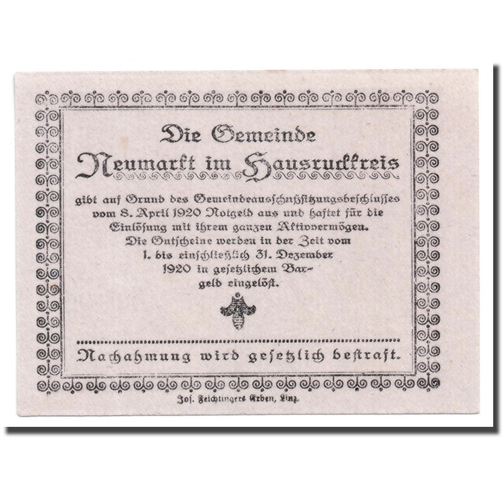Geldschein, Österreich, Neumarkt, 20 Heller, paysage, 1920, 1920-04-08, UNZ-
