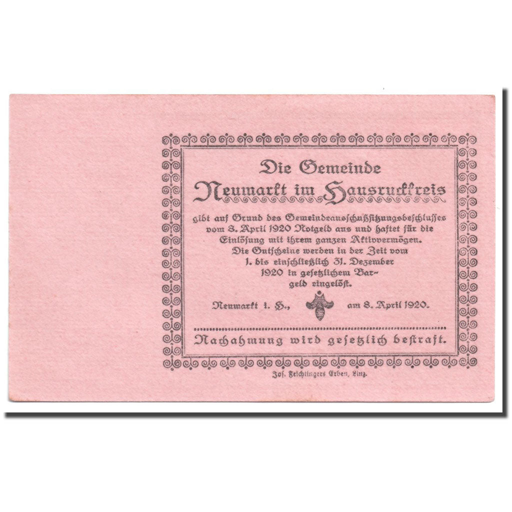 Geldschein, Österreich, Neumarkt, 50 Heller, paysage, 1920, 1920-04-08, UNZ-