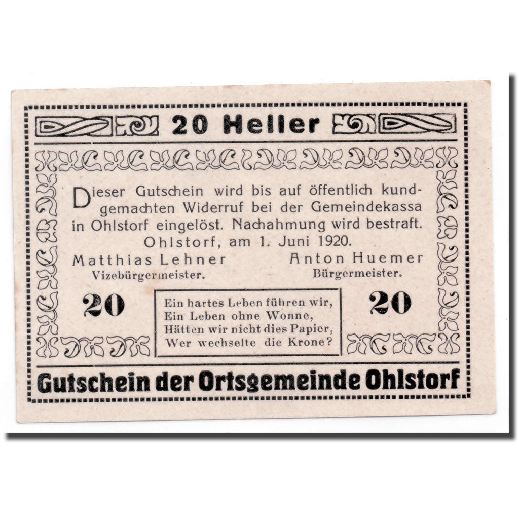 Geldschein, Österreich, Ohlstorf, 20 Heller, Eglise, 1920, 1920-06-01, UNZ-