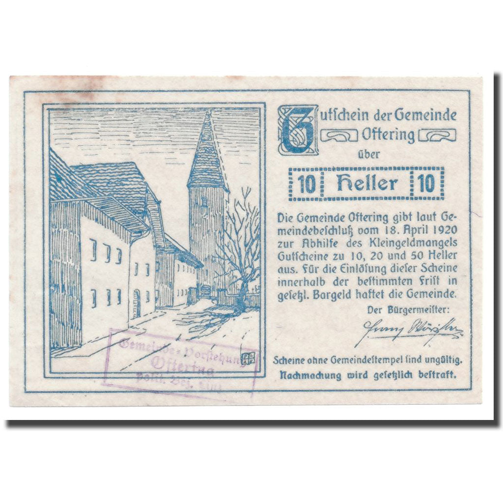 Geldschein, Österreich, Oftering, 10 Heller, château, 1920, 1920-04-18, UNZ-