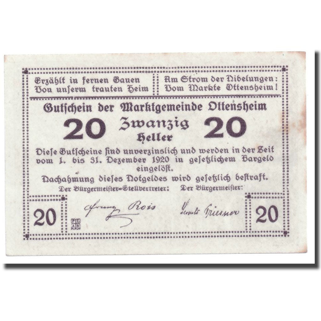 Geldschein, Österreich, Ottensheim, 20 Heller, paysage, UNZ-, Mehl:717