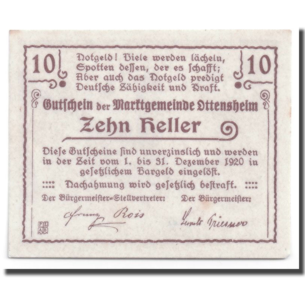 Geldschein, Österreich, Ottensheim, 10 Heller, paysage, UNZ-, Mehl:717