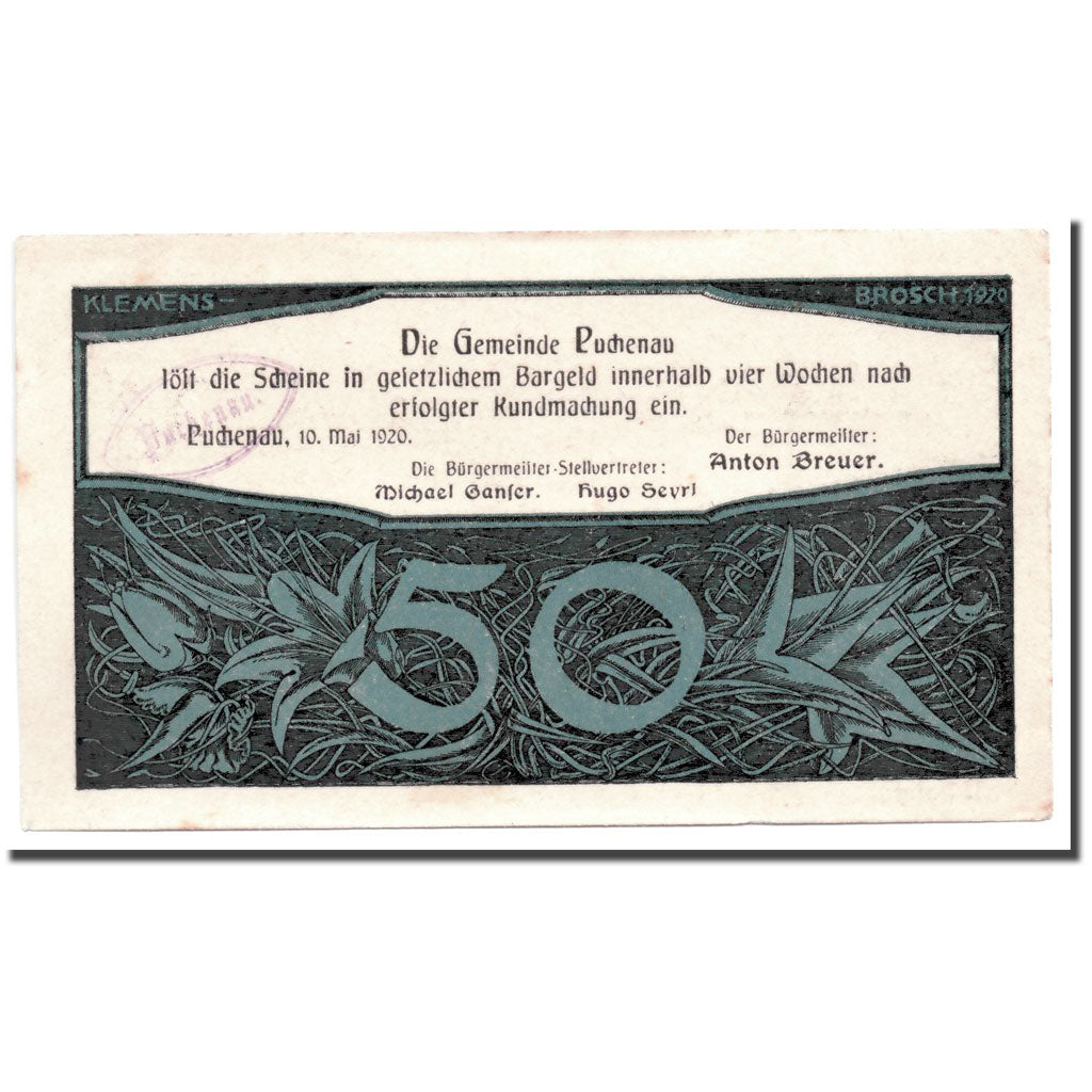 Banknote, Austria, Puchenau, 50 Heller, paysage, 1920, 1920-05-10, UNC(63)