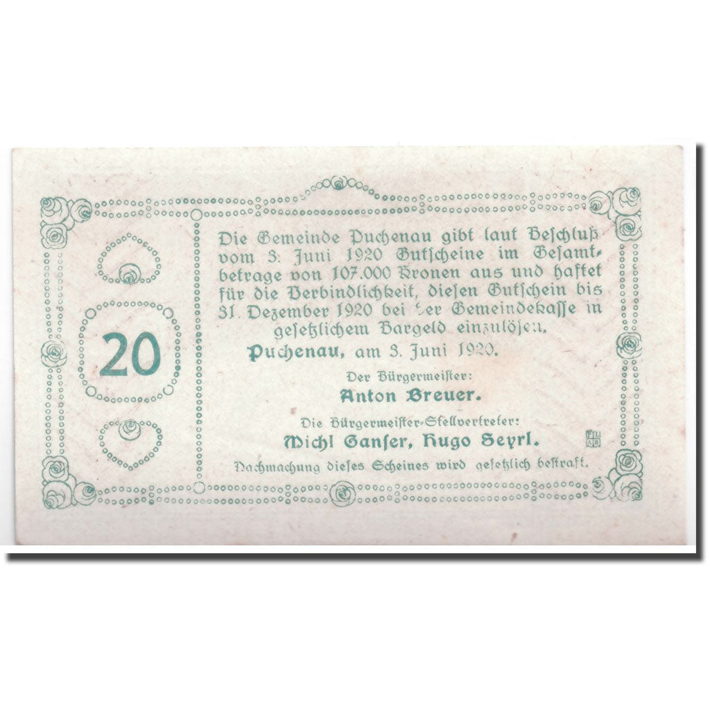 Geldschein, Österreich, Puchenau, 20 Heller, paysage 3, 1920, 1920-06-03, UNZ-