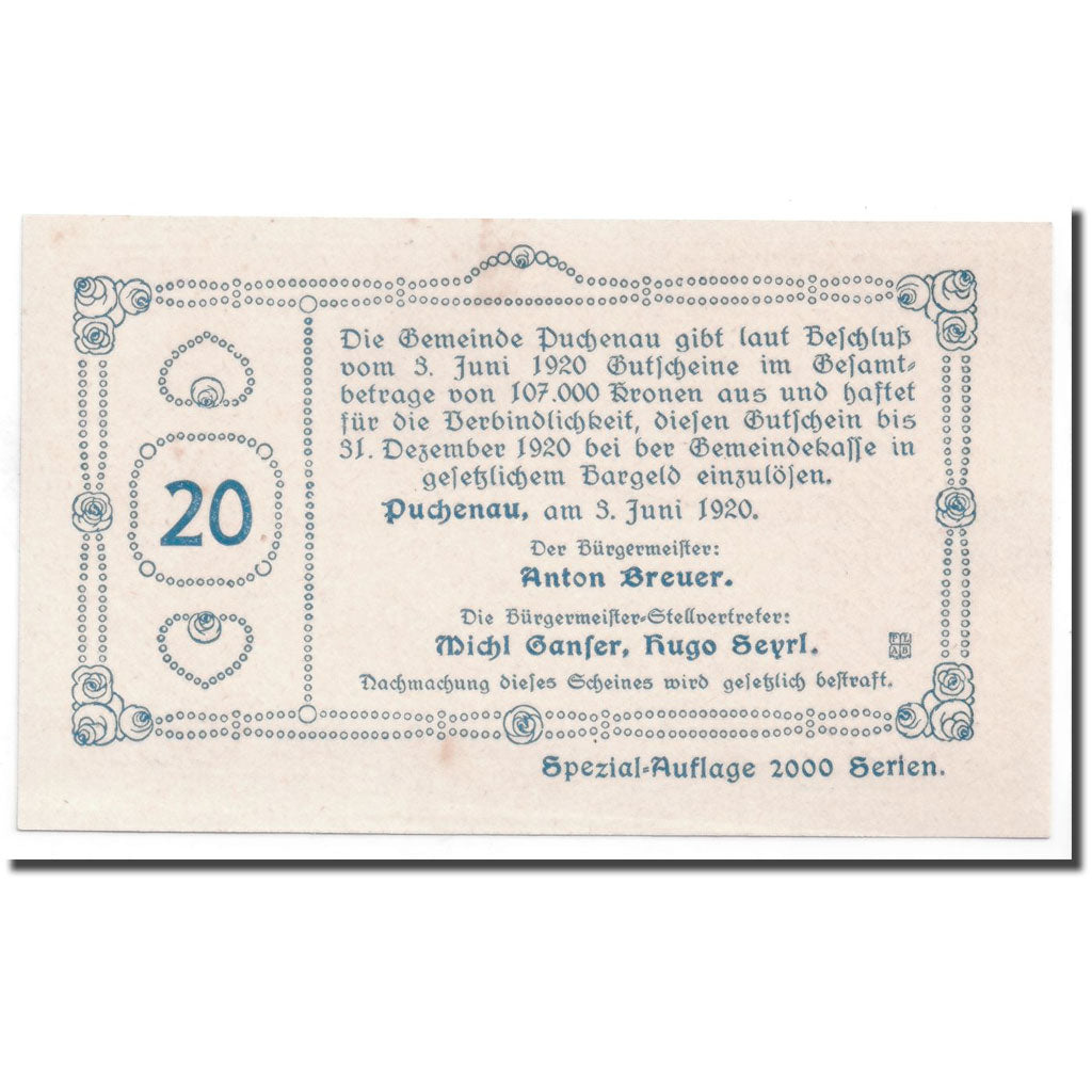 Geldschein, Österreich, Puchenau, 20 Heller, paysage 2, 1920, 1920-06-03, UNZ-