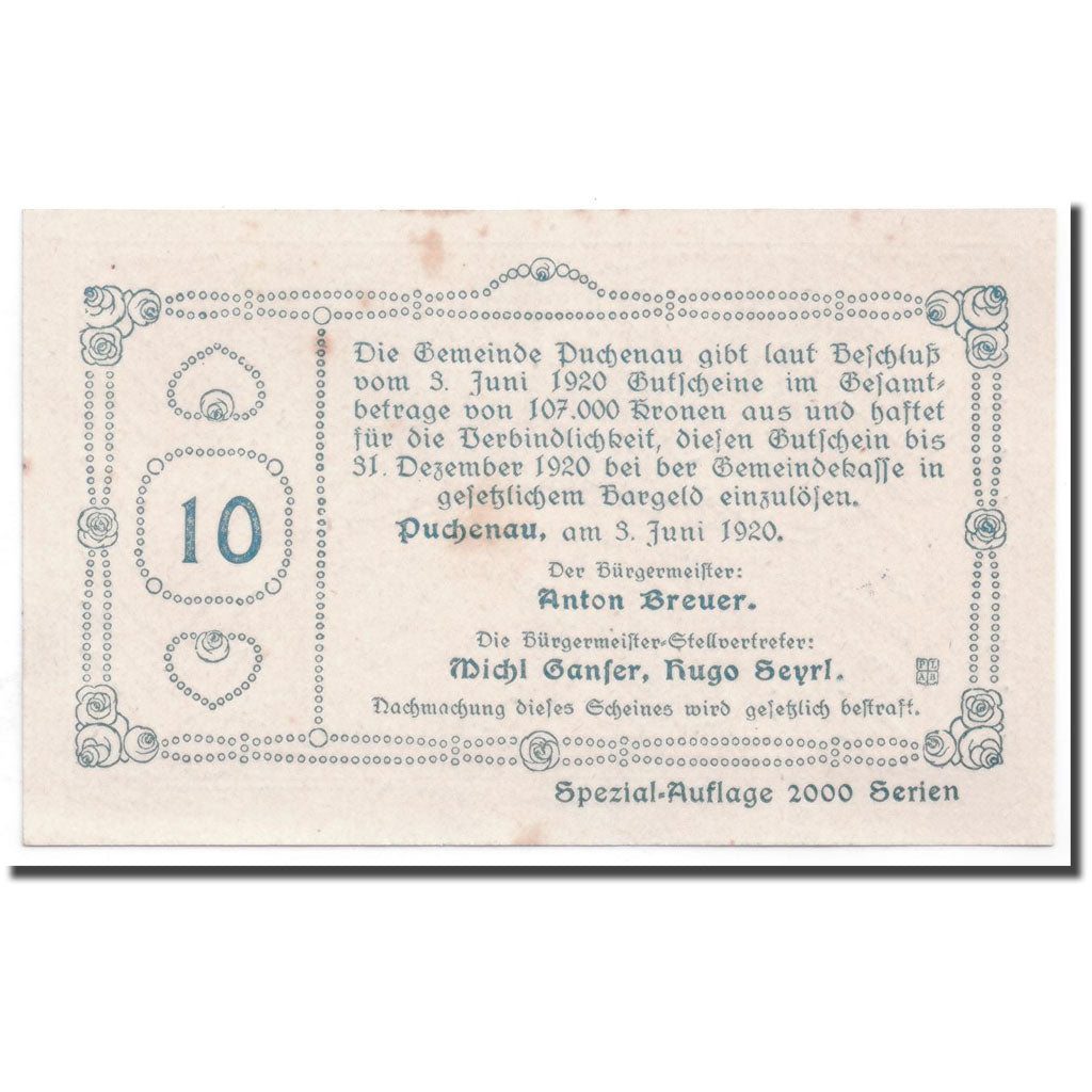 Geldschein, Österreich, Puchenau, 10 Heller, paysage 2, 1920, 1920-06-03, UNZ-