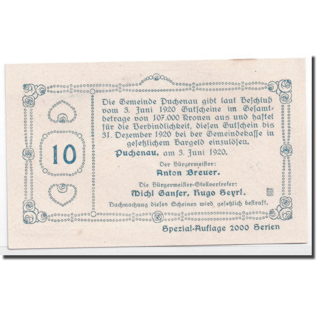Geldschein, Österreich, Puchenau, 10 Heller, paysage 3, 1920, 1920-06-03, UNZ-