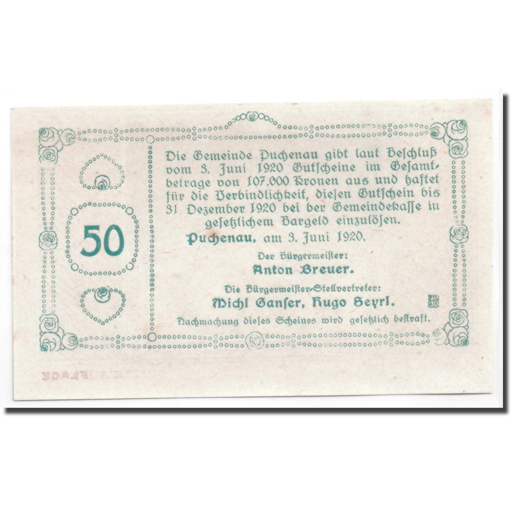 Geldschein, Österreich, Puchenau, 50 Heller, paysage 2, 1920, 1920-06-03, UNZ-