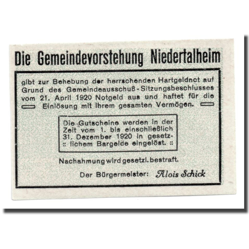 Geldschein, Österreich, Niederthalheim, 20 Heller, paysage, 1920, 1920-04-21