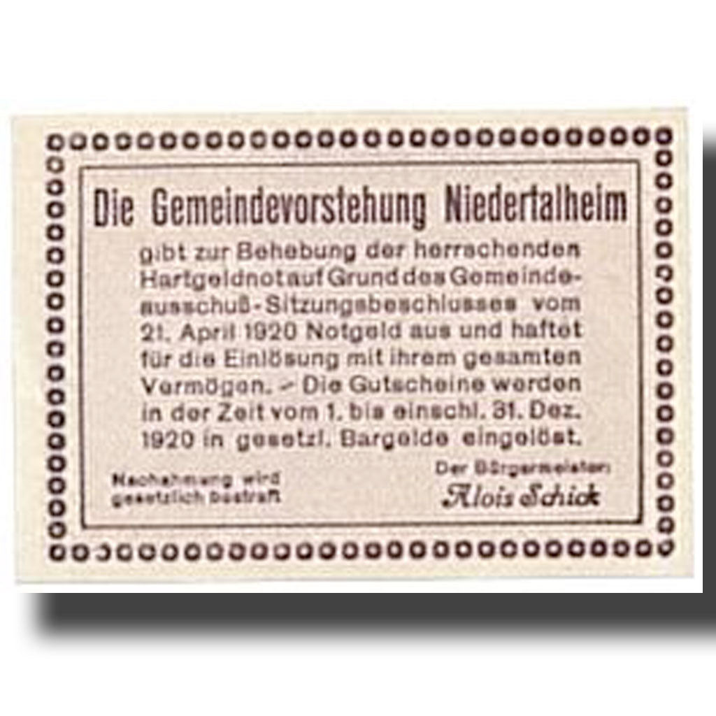 Geldschein, Österreich, Niederthalheim, 50 Heller, Eglise, 1920, 1920-04-21