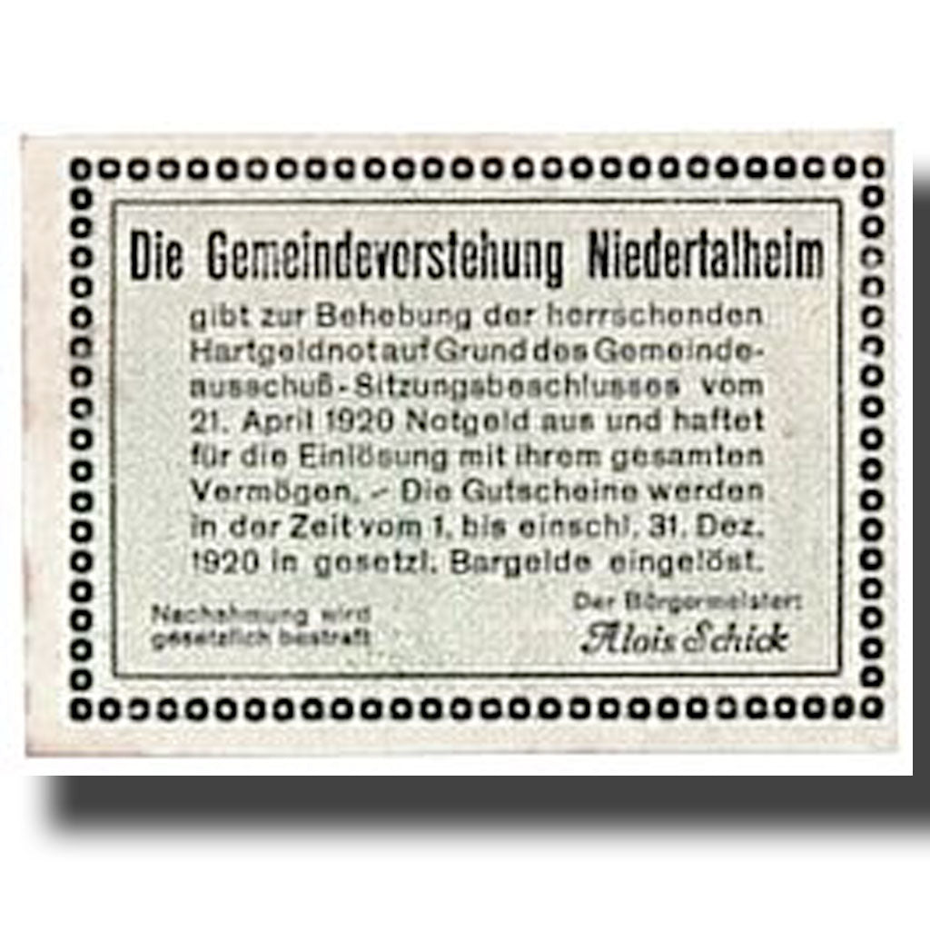 Geldschein, Österreich, Niederthalheim, 50 Heller, Eglise, 1920, 1920-04-21