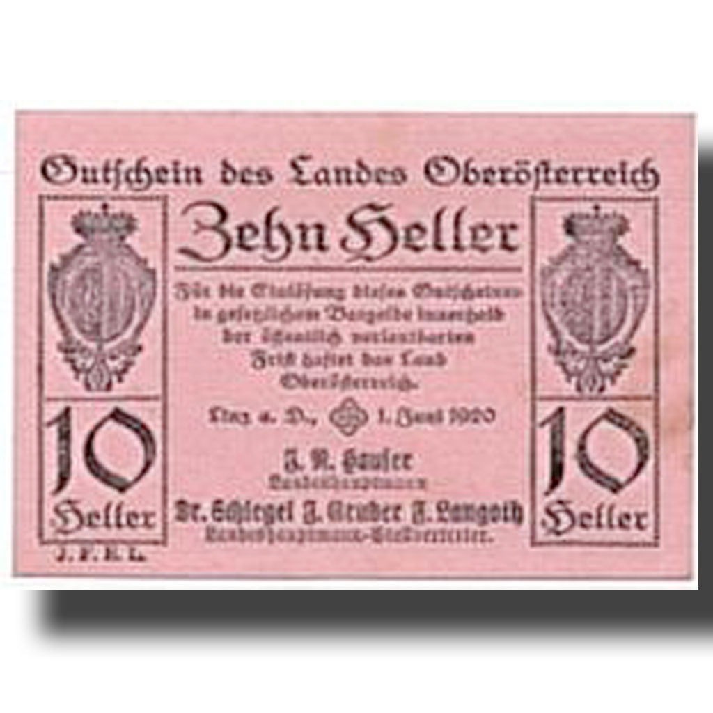 Banknote, Austria, Oberösterreich O.Ö. Land, 10 Heller, Ecusson, 1920