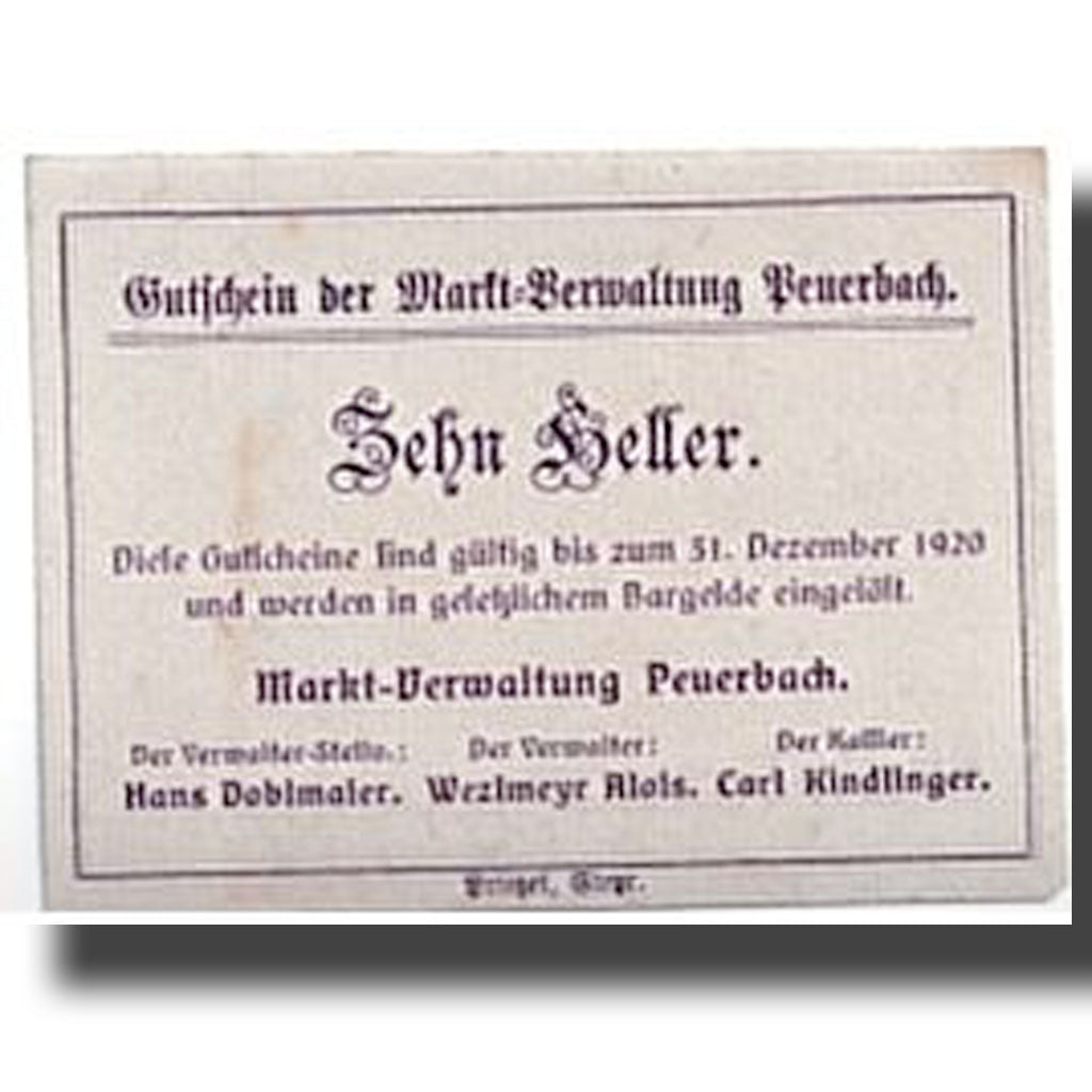 Banconote, Austria, Peuerbach, 10 Heller, paysage, SPL, Mehl:7421