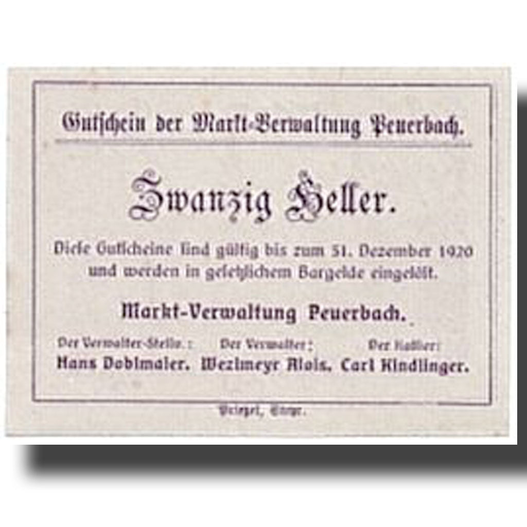 Banknote, Austria, Peuerbach, 20 Heller, paysage, UNC(63), Mehl:7421