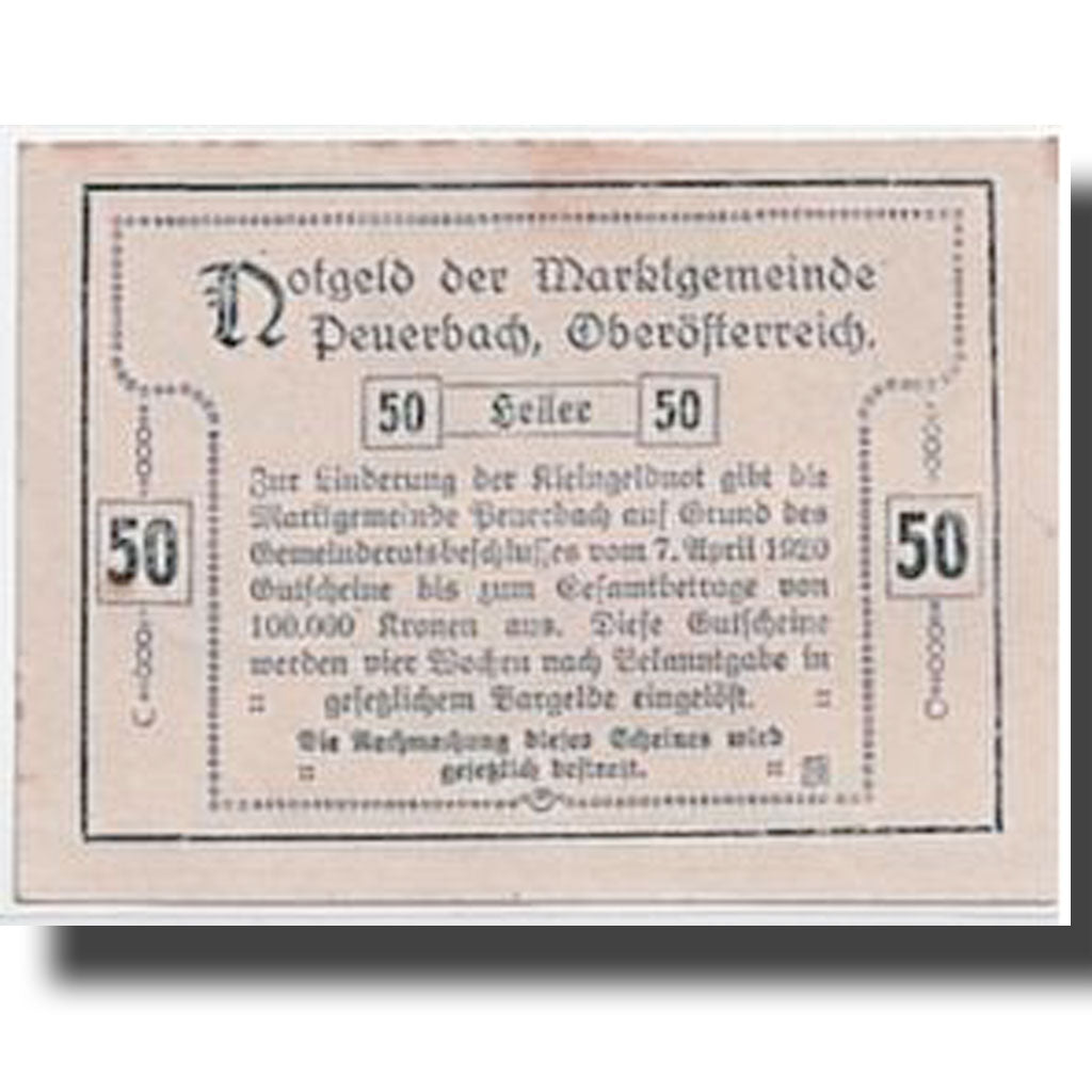 Banknote, Austria, Peuerbach, 50 Heller, paysage, 1920, 1920-04-07, UNC(63)