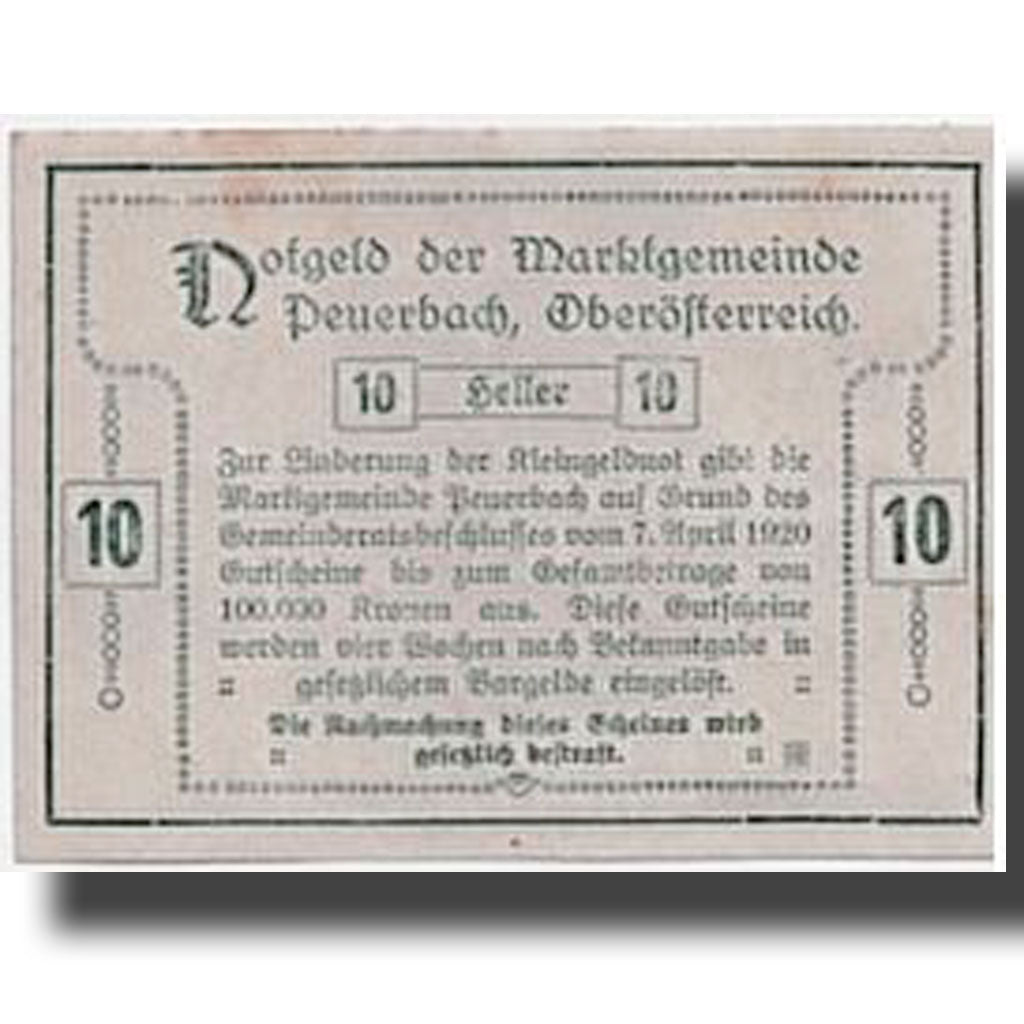 Banconote, Austria, Peuerbach, 10 Heller, paysage, 1920, 1920-04-07, SPL