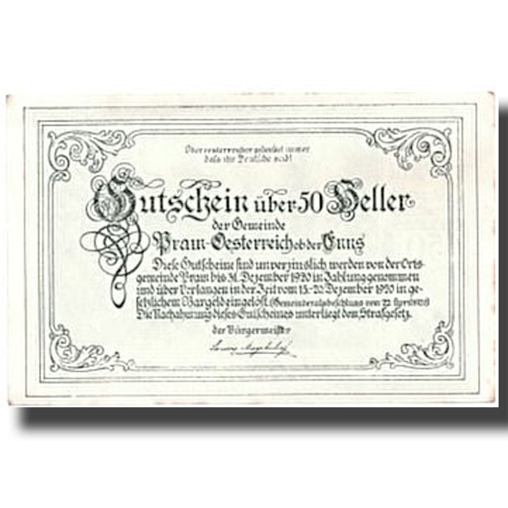 Geldschein, Österreich, Pram, 50 Heller, paysage, 1920, 1920-04-22, UNZ-