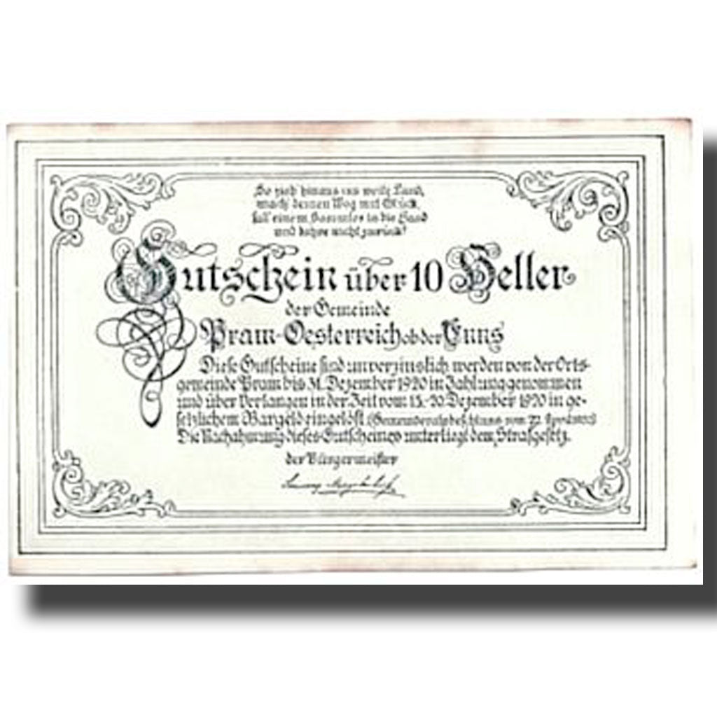Geldschein, Österreich, Pram, 10 Heller, paysage, 1920, 1920-04-22, UNZ-