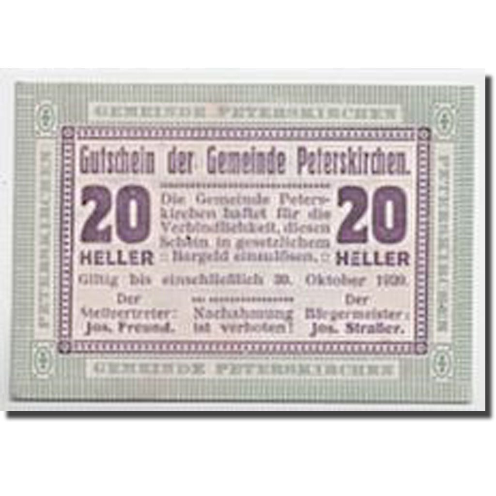 Geldschein, Österreich, Peterskirchen, 20 Heller, graphique, 1920, 1920-10-30