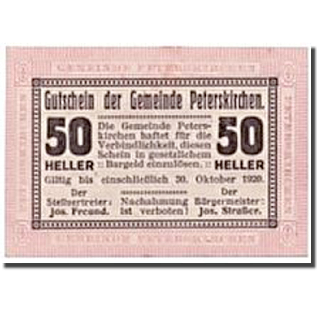Geldschein, Österreich, Peterskirchen, 50 Heller, graphique, 1920, 1920-10-30