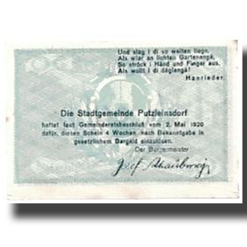 Banknote, Austria, Putzleinsdorf, 50 Heller, paysage, 1920, 1920-05-02, UNC(63)