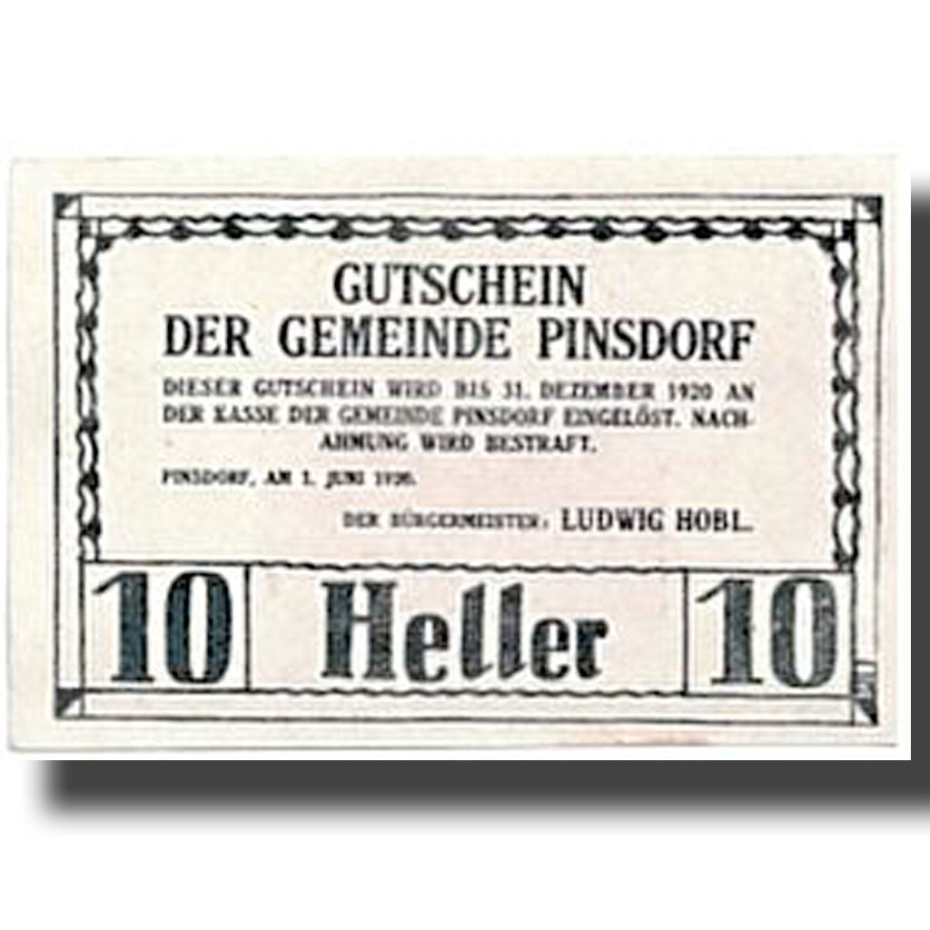 Geldschein, Österreich, Pinsdorf, 10 Heller, paysage, 1920, 1920-06-01, UNZ-