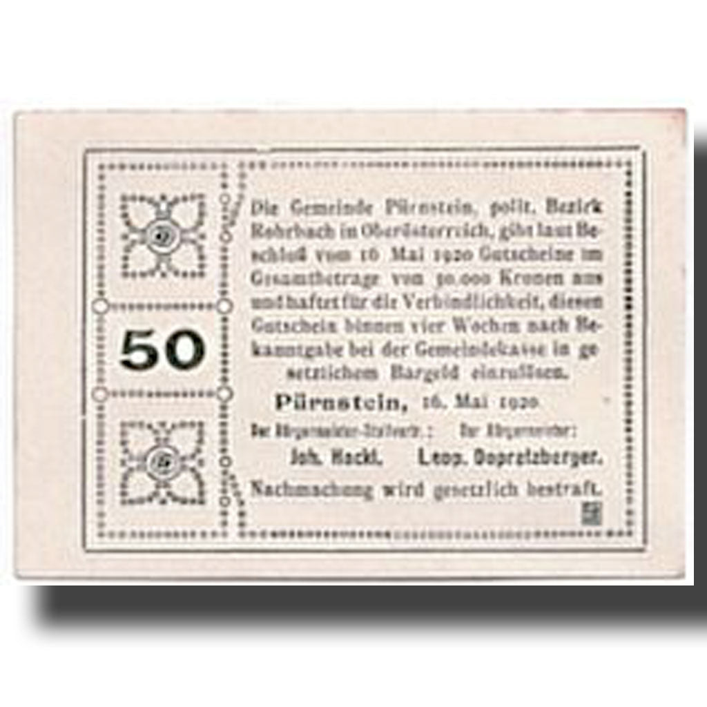 Banknote, Austria, Pürnstein, 50 Heller, paysage, 1920, 1920-05-16, UNC(63)