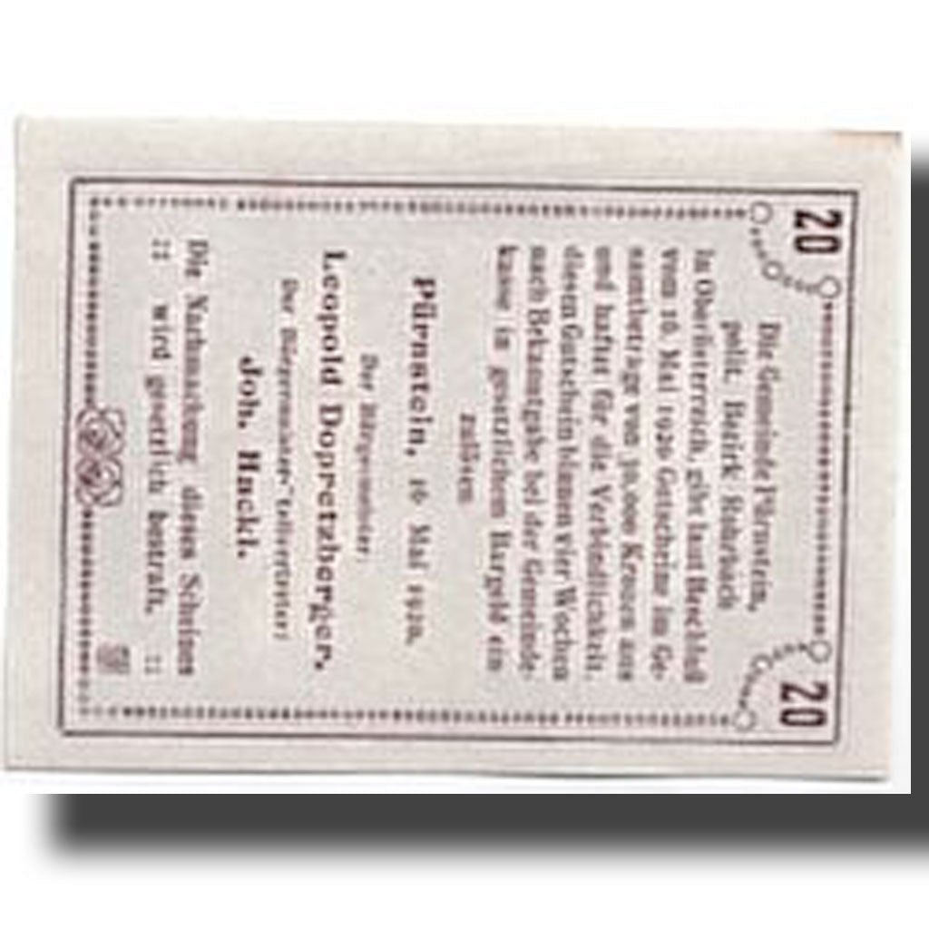 Geldschein, Österreich, Pürnstein, 20 Heller, paysage, 1920, 1920-05-16, UNZ-
