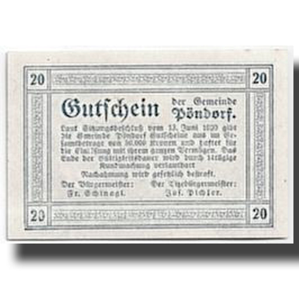 Banknote, Austria, Pöndorf, 20 Heller, paysage, 1920, 1920-06-13, UNC(63)