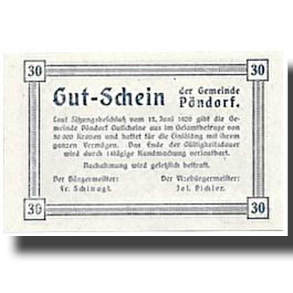 Geldschein, Österreich, Pöndorf, 30 Heller, paysage, 1920, 1920-06-13, UNZ-