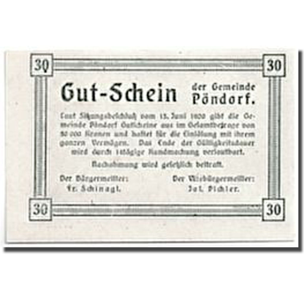 Banconote, Austria, Pöndorf, 30 Heller, paysage, 1920, 1920-06-13, SPL