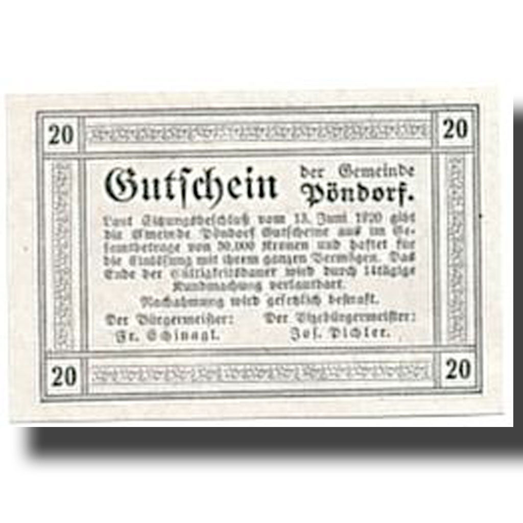 Geldschein, Österreich, Pöndorf, 20 Heller, paysage, 1920, 1920-06-13, UNZ-