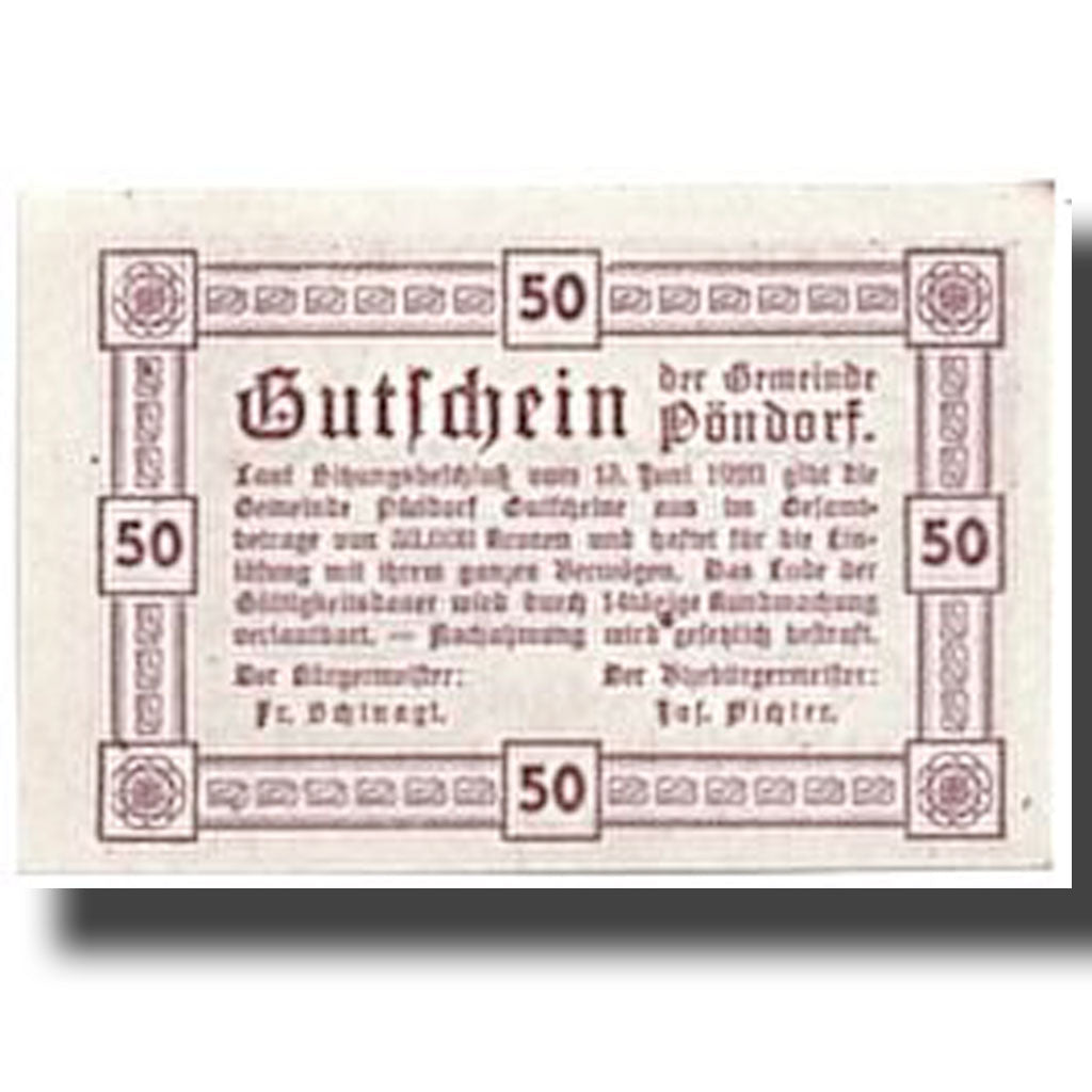 Banknote, Austria, Pöndorf, 50 Heller, paysage, 1920, 1920-06-13, UNC(63)