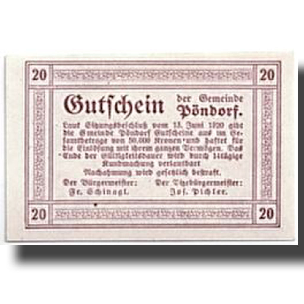 Banknote, Austria, Pöndorf, 20 Heller, paysage, 1920, 1920-06-13, UNC(63)