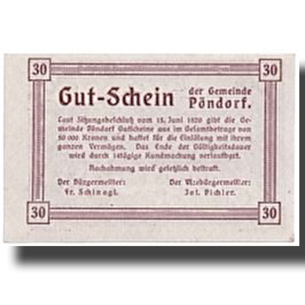 Banknote, Austria, Pöndorf, 30 Heller, paysage, 1920, 1920-06-13, UNC(63)