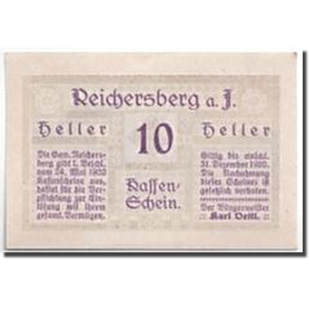 Banknote, Austria, Reichersberg, 10 Heller, paysage 1, 1920, 1920-05-24