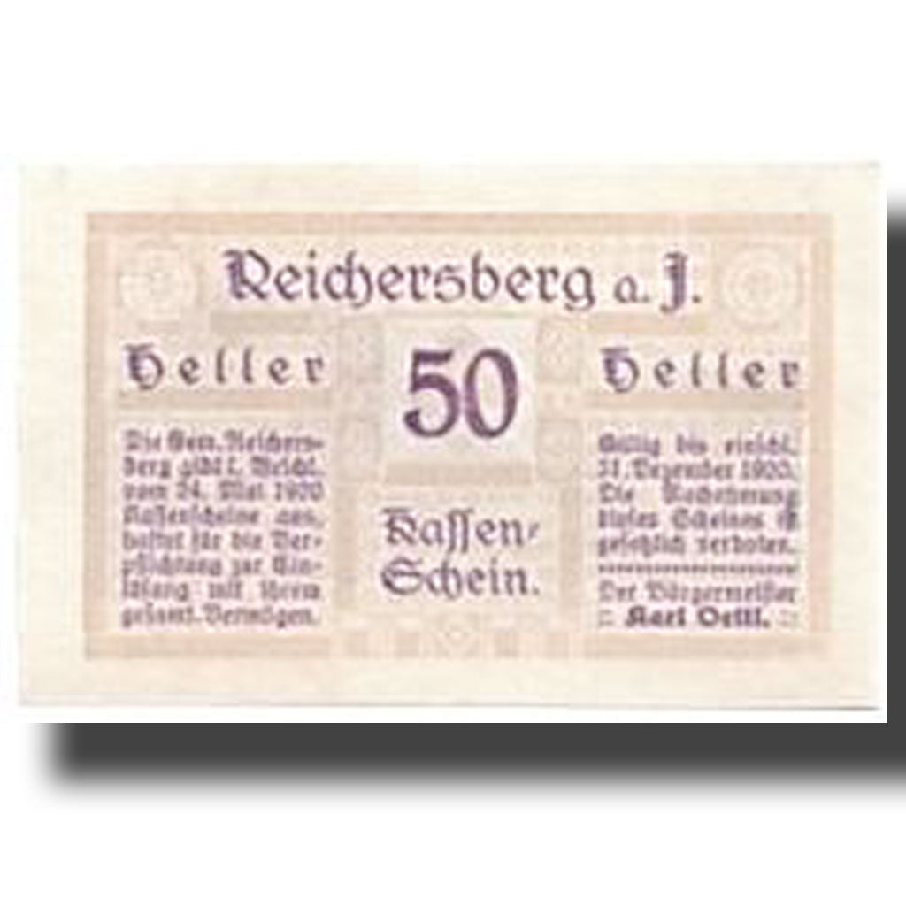 Banknote, Austria, Reichersberg, 50 Heller, paysage, 1920, 1920-05-24, UNC(63)