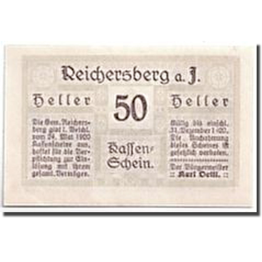 Banknote, Austria, Reichersberg, 50 Heller, paysage 1, 1920, 1920-05-24
