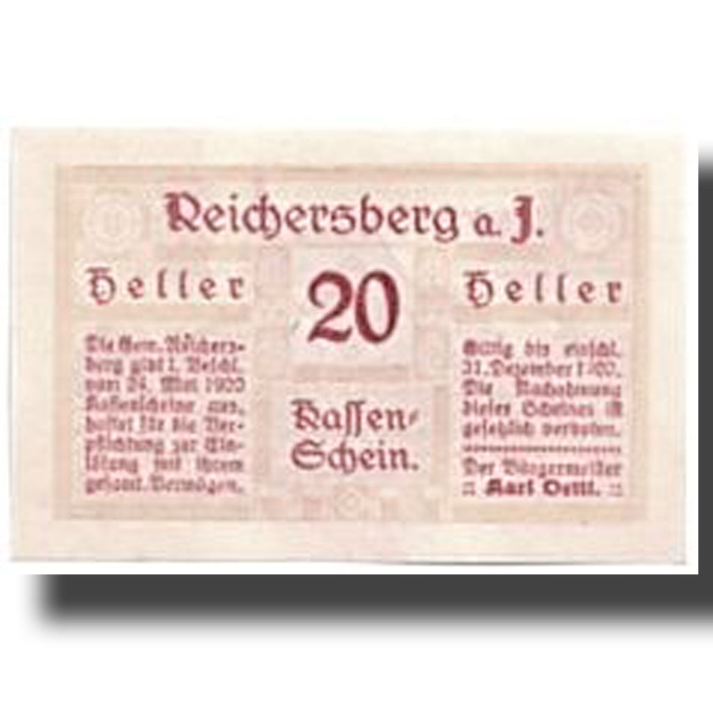 Banknote, Austria, Reichersberg, 20 Heller, paysage, 1920, 1920-05-24, UNC(63)