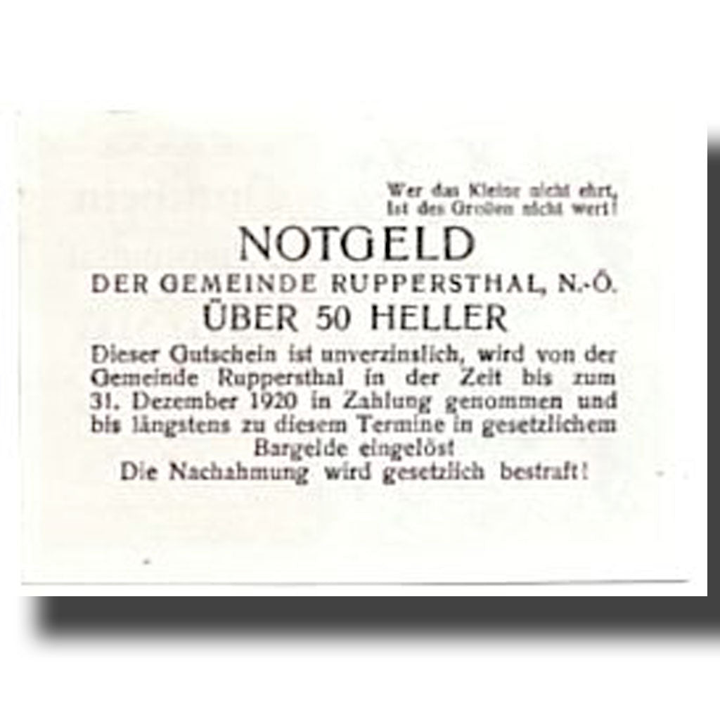 Geldschein, Österreich, Ruppersthal, 50 Heller, paysage, UNZ-, Mehl:FS 854c