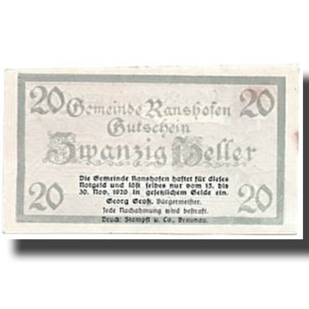 Banknote, Austria, Ranshofen, 20 Heller, paysage, UNC(63), Mehl:819Cc