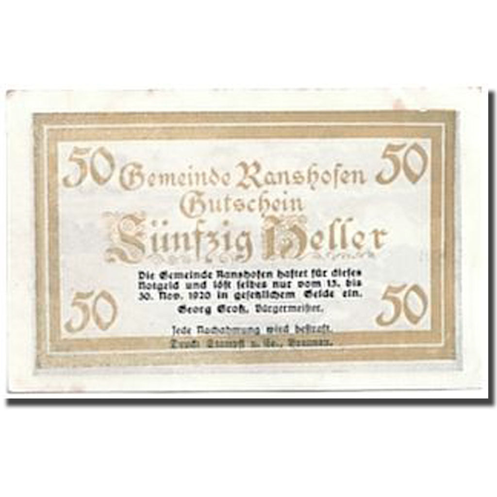Banknote, Austria, Ranshofen, 50 Heller, paysage, UNC(63), Mehl:819Da