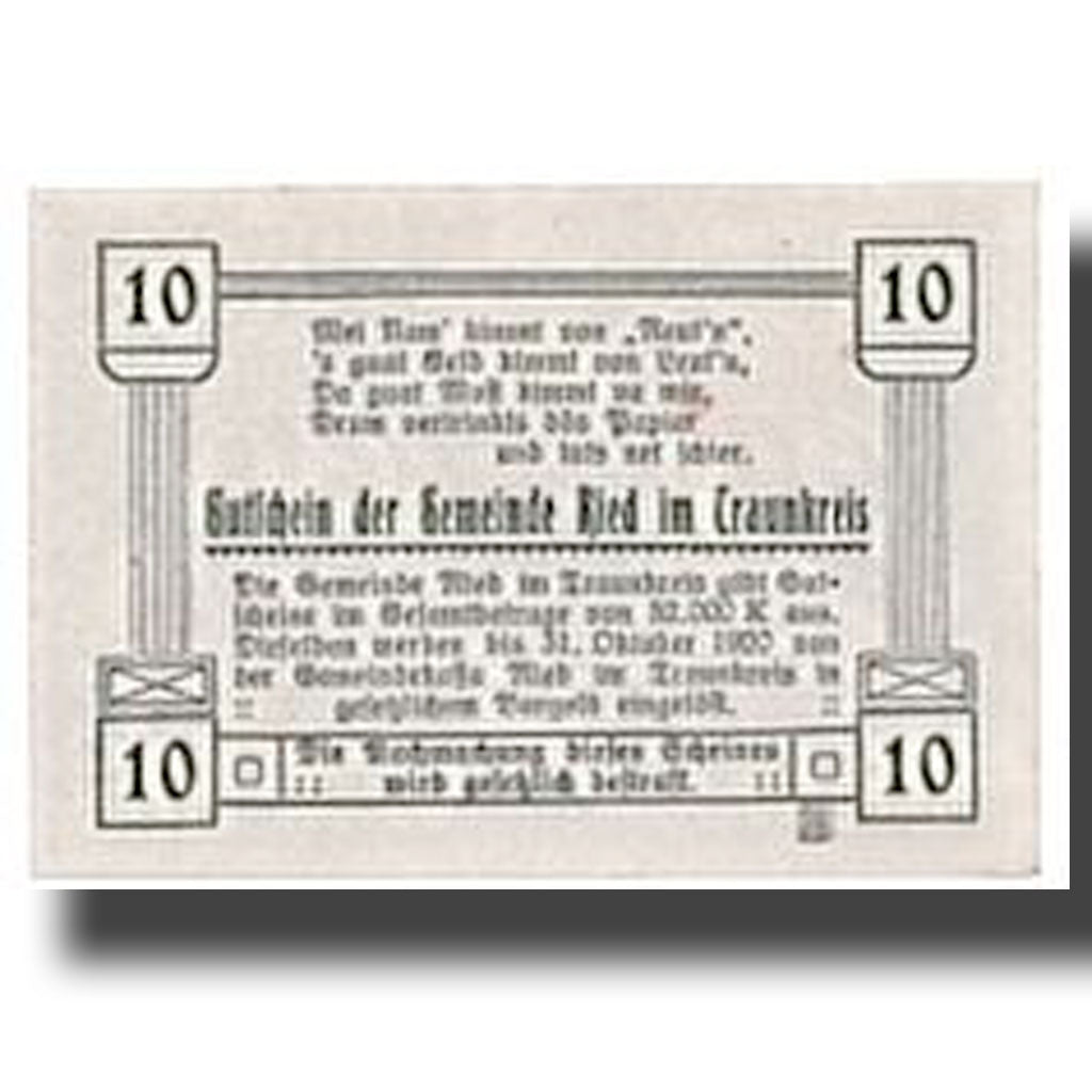 Geldschein, Österreich, Reid im Traunkreis, 10 Heller, Eglise, 1920