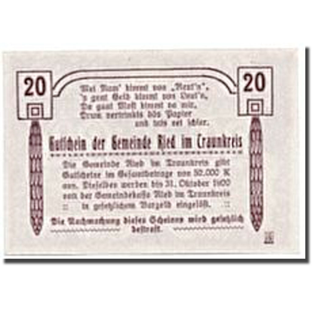 Geldschein, Österreich, Reid im Traunkreis, 20 Heller, Eglise, 1920