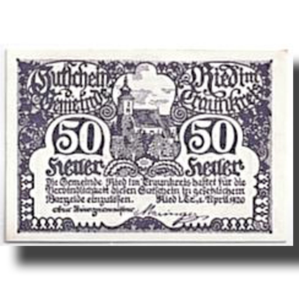 Geldschein, Österreich, Reid im Traunkreis, 50 Heller, Eglise, 1920